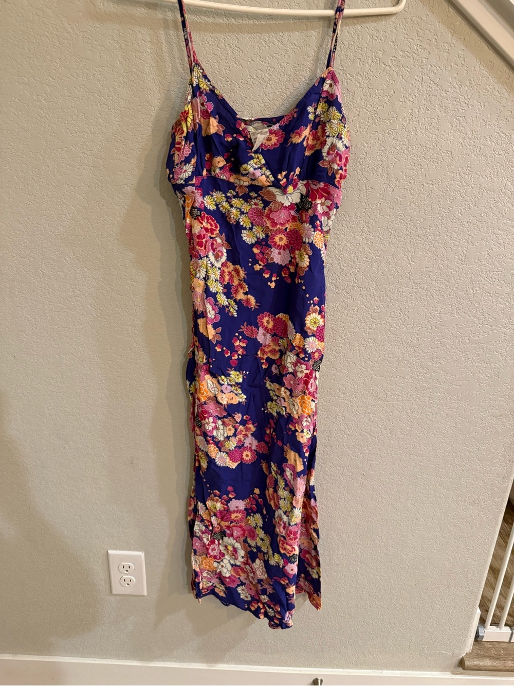 Vintage! Free People Navy Floral Maxi Slip Dress with Pink & Yellow Blooms